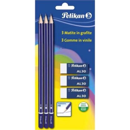 PELIKAN BLISTER 3 MATITE DI GRAFITE HB FUSTO VERNICIATO A RIGHE BLU E ARGENTO + 3 GOMME AL30 IN VINILE CONF 6 Pz.