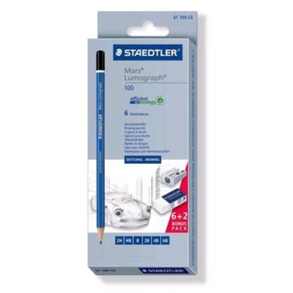 STAEDTLER MARS LUMOGRAPH SET DISEGNO 6 MATITE CON GRADAZIONI DIFFERENTI + 1 GOMMA + 1 TEMPERAMATITE CONF 1 Pz.