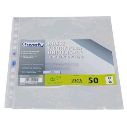 FAVORIT AIR USTE CON FORATURA UNIVERSALE IN PP CM 22X30 A4 LISCIA TRASPARENTE CONF 50 Pz.