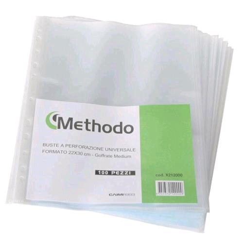 METODO BUSTE CON FORATURA UNIVERSALE GOFFRATE IN PP CM 22X30 MEDIUM TRASPARENTE CONF 50 Pz.