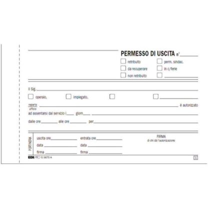EDIPRO BLOCCO PERMESSO USCITA AUTOCOPIANTE 2 FOGLI 99X170MM 100 FOLGI CONF 10 PZ.
