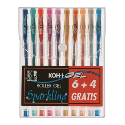 KOH-I-NOOR SPARKLING PENNA ROLLER A GEL COL. ASSORTITI CON BRILLANTINI PUNTA CONICA 0.80mm CONF 10 Pz.