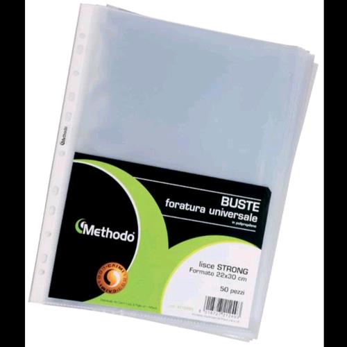 METODO BUSTE CON FORATURA UNIVERSALE IN PP 220X300 mm A4 COL. TRASPARENTE CONF 50 PZ.