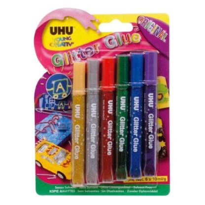 UHU COLLA CON GLITTER GLUE ORIGINAL TUBETTO DA 10ML COLORI ASSORTITI CONF 6 Pz.