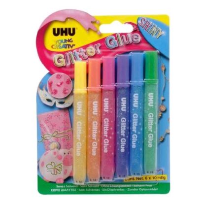 UHU COLLA CON GLITTER GLUE SHINY TUBETTO DA 10ML COLORI ASSORTITI CONF 6 Pz.