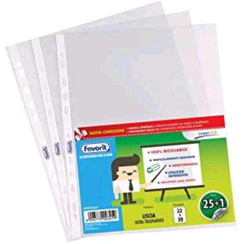 FAVORIT LINEAR BUSTE A FORATURA UNIVERSALE IN PP LISCIA 300X220 mm A4 TRASPARENTE CONF 26 Pz.