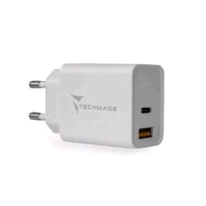 TECHMADE CARICABATTERIE DA RETE 2 PORTE USB-A + USB-C 20W FAST CHARGE BIANCO