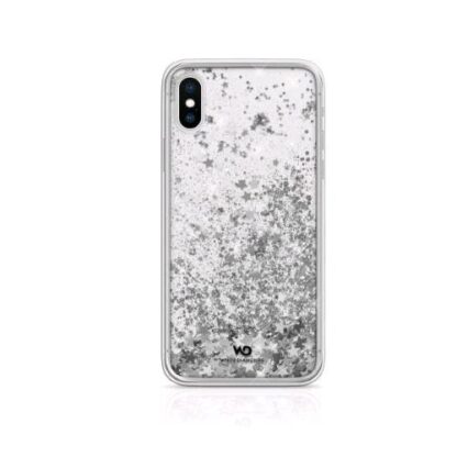 WHITE DIAMONDS APPLE iPHONE X/XS COVER IN TPU E POLICARBONATO TRASPARENTE CON GLITTER FLUTTUANTI MOTIVO SILVER STAR