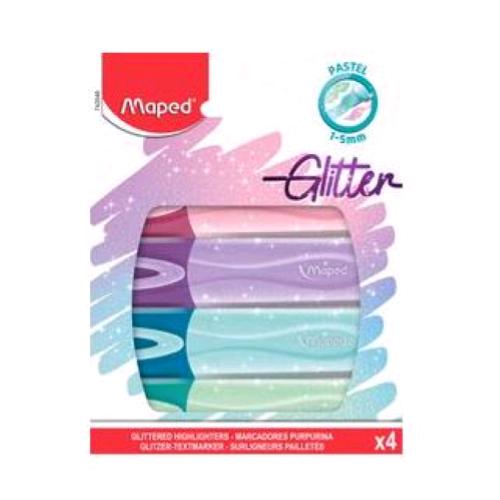 MAPED GLITTER EVIDENZIATORE PUNTA A SCALPELLO 1/5 mm COLORI ASSORTITI CONF 4 Pz.