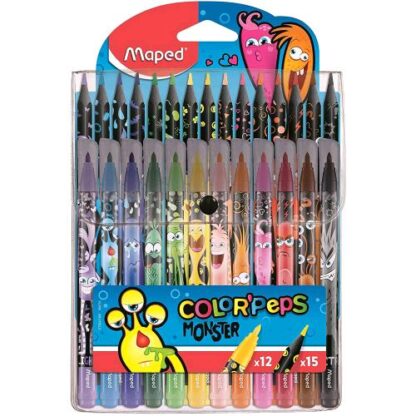 MAPED COLOR PEPS MONSTER 12 PENNARELLI + 15 PASTELLI FUSTO NERO COLORI ASSORTITI CONF 27 Pz.