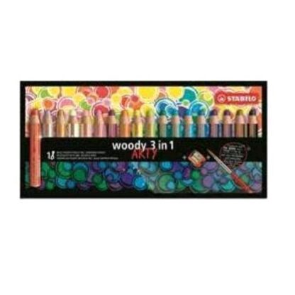 STABILO WOODY 3 IN 1 ARTY MATITA PASTELLO A CERA E ACQUARELLO MINA 10 mm COLORI ASSORTITI CONF 18 Pz.