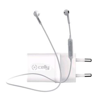 CELLY CARICABATTERIE DA RETE 20W CON TECNOLOGIA POWER DELIVERY USB TIPO C E AURICOLARI BLUETOOTH CON CAVO ANTI AGGROVIGLIAMENTO BIANCO