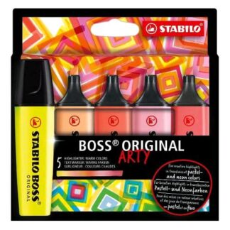 STABILO BOSS ORIGINAL ARTY EVIDENZIATORE PUNTA A SCALPELLO 2/5 mm COLORI CALDI ASSORTITI CONF 5 Pz.