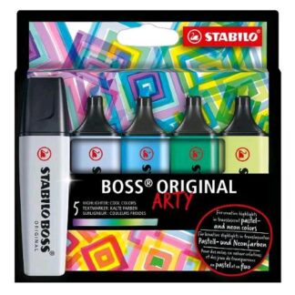 STABILO BOSS ORIGINAL ARTY EVIDENZIATORE PUNTA A SCALPELLO 2/5 mm COLORI FREDDI ASSORTITI CONF 5 Pz.