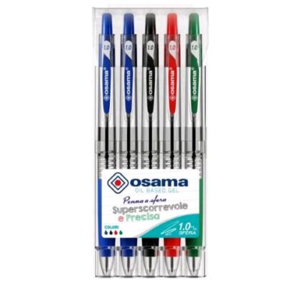 OSAMA OBG PENNA SFERA A SCATTO PUNTA CONICA 1 mm INCHIOSTRO GEL COLORI ASSORTITI CONF 5 Pz.