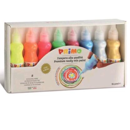 PRIMO TEMPERA IN BOTTIGLIA DA 50 ML COLORI FLUO METAL ASSORTITI CONF 8 Pz.