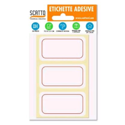 SCATTO ETICHETTE ADESIVE BIANCO 73X33 mm CORNICE ROSSA CONF 10X3 Pz.