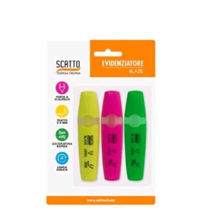 SCATTO EVIDENZIATORE PUNTA A SCALPELLO 4 mm COLORI ASSORTITI CONF 3 Pz.