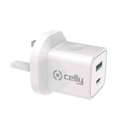 CELLY CARICABATTERIE DA RETE 1 USB-C + 1 USB-A 20 W SPINA INGLESE BIANCO
