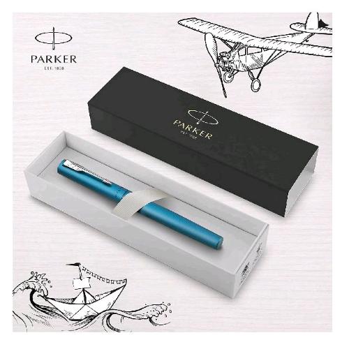 PARKER VECTOR XL PENNA ROLLER PUNTA F CORPO TEAL METALLIZZATO PUNTALE CROMATO INCHIOSTRO NERO CONFEZIONE REGALO