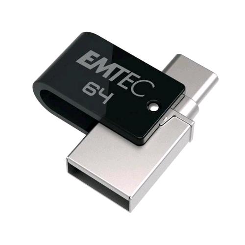 EMTEC T260 CHIAVETTA USB 3.2 FLASH USB 3.2 DA 64 GB DUAL USB-A/USB-C SISTEMA DI AGGANCIO A 360 VELOCITA DI LETTURA FINO A 180 MB/S VELOCITA DI SCRITTURA 15 MB/S MAX NERO ARGENTO