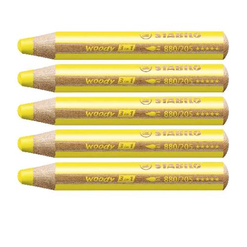 STABILO WOODY 3 IN 1 PASTELLO A CERA E ACQUARELLO MINA 10 mm GIALLO CONF 5 Pz.