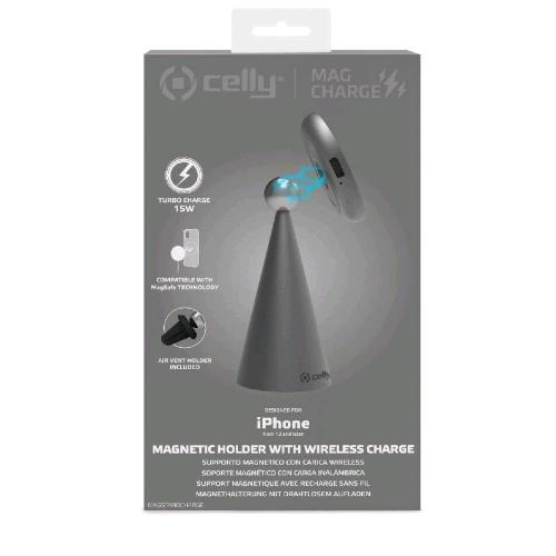 CELLY MAGSAFE SUPPORTO MAGNETICO CON RICARICA WIRELESS 15W SCOMPONIBILE IN 3 DIFFERENTI SUPPORTI UN SUPPORTO DA SCRIVANIA UN SUPPORTO DA AUTO PER BOCCHETTA D'AERAZIONE E UN SUPPORTO UNIVERSALE PER TUTTE LE SUPERFICI METALLICHE GREY