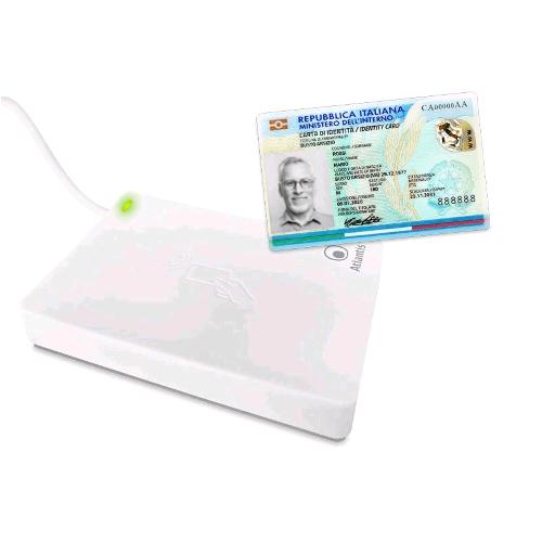 ATLANTIS P005-CIED311 LETTORE CIE 3.0 CARTA D'IDENTITA ELETTRONICA ITALIANA PER INPS AG. DELLE ENTRATE INAIL FASCICOLO SANITARIO ANPR LETTORE SMARTCARD CONTACTLESS NFC PER PC COLLEGAMENTO USB BIANCO