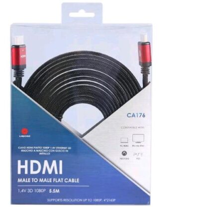 LIMONE CA176 CAVO HDMI PIATTO IN TESSUTO 1080p CON ETHERNET 3D 1.4V CON GUSCIO IN METALLO MASCHIO/MASCHIO 5.5 MT NERO