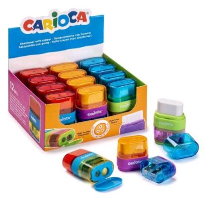 CARIOCA ESPOSITORE TEMPERINO 2 BUCHI CON GOMMA COLORI ASSORTITI CONF 12 Pz.