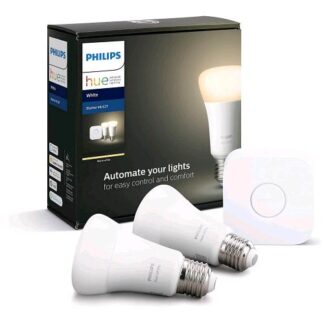 PHILIPS HUE WHITE STARTER KIT BRIDGE + 2 LAMPADINE E27 BLUETOOH CONTROLLO VOCALE LUCE BIANCA CALDA DIMMERABILE