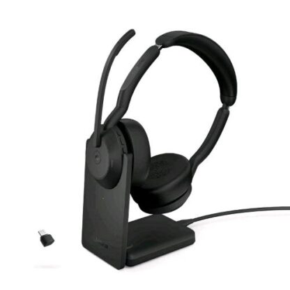 JABRA EVOLVE2 55 DUO MS LINK380C CUFFIE STEREO CON MICOFONO WIRELESS BLUETOOTH A PADIGLIONE CANCELAZIONE ATTIVA DEL RUMORE CON BASE DI RICARICA USB-C BLACK