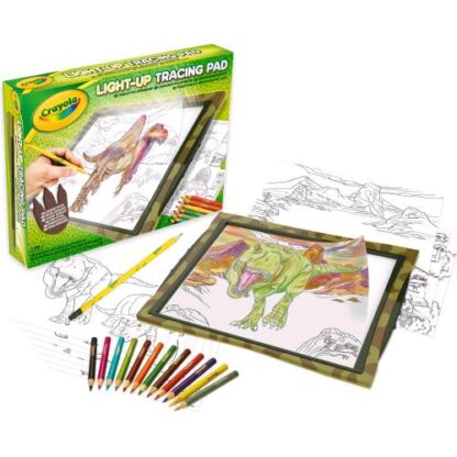 CRAYOLA LAVAGNETTA LUMINOSA A TEMA DINOSAURI CON FOGLI E MATITE COLORI ASSORTITI