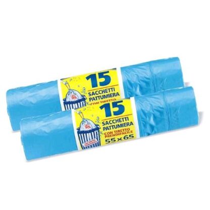 PETER PAN PLAST SACCHI CON TIRETTO IN HDPE 65X55 CM ROTOLO A STRAPPO AZZURRO CONF 15 Pz.