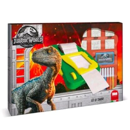 MULTIPRINT JURASSIC WORLD STICKER MACHINE KIT CON MACCHINA PER ADESIVI ALBUM FORBICI PENNARELLI TIMBRI E INCHIOSTRO COLORI ASSORTITI