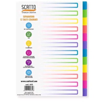 SCATTO INTERCALARI IN CARTONCINO 12 TASTI INDICE PERSONALIZZABILE 22.5X30 CM FORATURA UNIVERSALE COLORI ASSORTITI