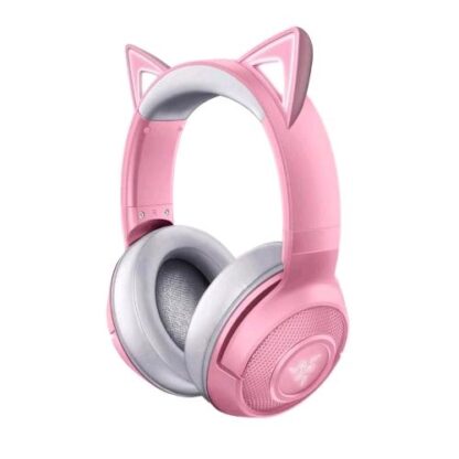 RAZER KRAKEN BLUETOOTH KITTY CUFFIE WIRELESS CON ORECCHIE DA GATTO PERSONALIZZATE E ILLUMINAZIONE RGB LATENZA DA 40MS DRIVER DA 40 MM MICROFONO BEAMFORMING ROSA/GRIGIO QUARTZ