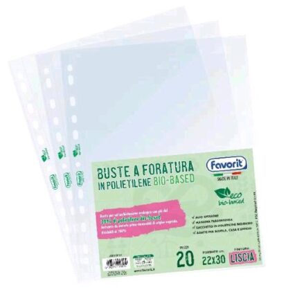 FAVORIT ECO BUSTE CON FORATURA UNIVERSALE IN POLIETILENE BIO BASED FINITURA LISCIA 300X220 mm TRASPARENTE CONF 20 Pz.