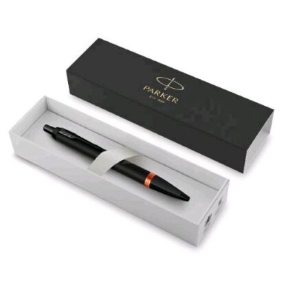 PARKER IM PROFESSIONALS VIBRANT RING PENNA A SFERA A SCATTO TRATTO 1 mm FUSTO IN ACCIAIO NERO FASCIA ARANCIO INCHIOSTRO NERO CONFEZIONE REGALO