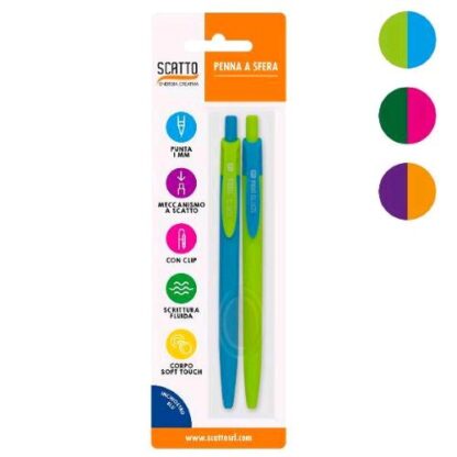 SCATTO PENNA A SFERA A SCATTO PUNTA 1 mm FUSTO GOMMATO COLORI ASSORTITI CONF 2 PZ.