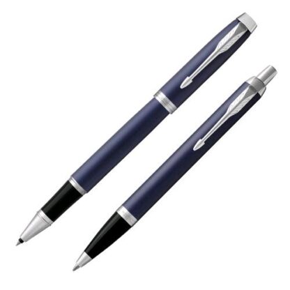 PARKER GIFT BOX DUO IM BLUE CT SET PENNA ROLLER E PENNA A SFERA FUSTO BLU FINITURE CROMATE INCHIOSTRO NERO CONFEZIONE REGALO