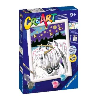 RAVENSBURGER CREART SERIE E UNICORNI INNAMORATI KIT PER DIPINGERE CON I NUMERI CON TAVOLA PRESTAMPATA PENNELLO COLORI E ACCESSORI