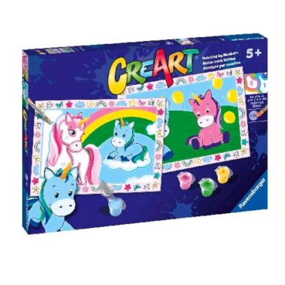 RAVENSBURGER CREART SERIE JUNIOR UNICORNI KIT PER DIPINGERE CON I NUMERI CON 2 TAVOLE PRESTAMPATE PENNELLO E COLORI