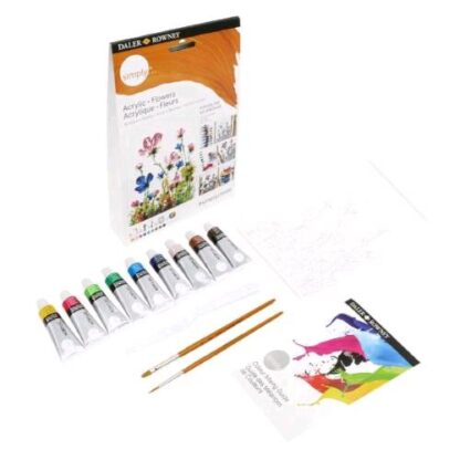 DALER ROWNEY SIMPLY FIORI KIT CREATIVO CON 9 COLORI A TEMPERA 2 PENNELLI 3 FOGLI PRESTAMPATI E 1 GUIDA MISCELAZIONE COLORI