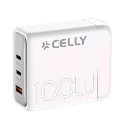 CELLY POWERSTATION CARICABATTERIE COMPATTO TECNOLOGIA GaN 2 x USB-C 1 x USB-A MAX 100 W BIANCO