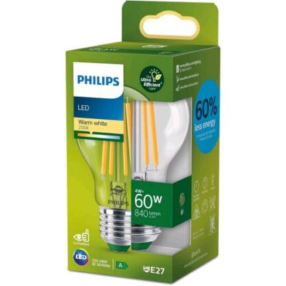 PHILIPS LED LAMPADINA GOCCIA A FILAMENTO E27 CLASSE 4 W EQUIVALENTI A 60 W LUCE BIANCA CALDA 2.700K NON DIMMERABILE