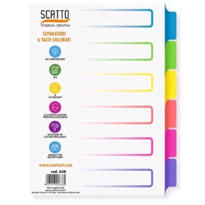 SCATTO INTERCALARI IN CARTONCINO 6 TASTI INDICE PERSONALIZZABILE 22.5X30 CM FORATURA UNIVERSALE COLORI ASSORTITI