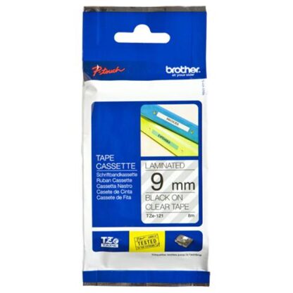 BROTHER TZE121 NASTRO LAMINATO ADESIVO 9MMx8MT TRASPARENTE STAMPA NERO