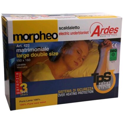 ARDES MORPHEO 422 SCALDALETTO MATRIMONIALE (150 X 160) 100% LANA RISCALDAMENTO INDIPENDENTE SINGOLA PIAZZA DUE COMMUTATORI SEPARABILI A DUE POSIZIONI TPS LAVABILE A MANO GARANZIA ITALIA